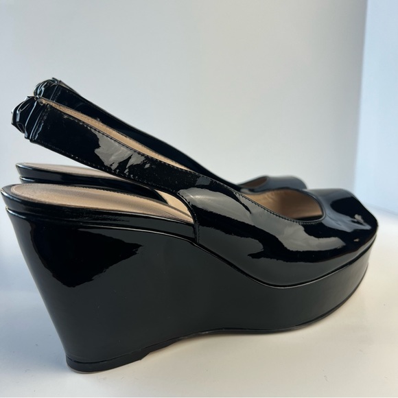 Stuart Weitzman Peep Toe Patent Leather Platform Slingback Wedges - Picture 9 of 12